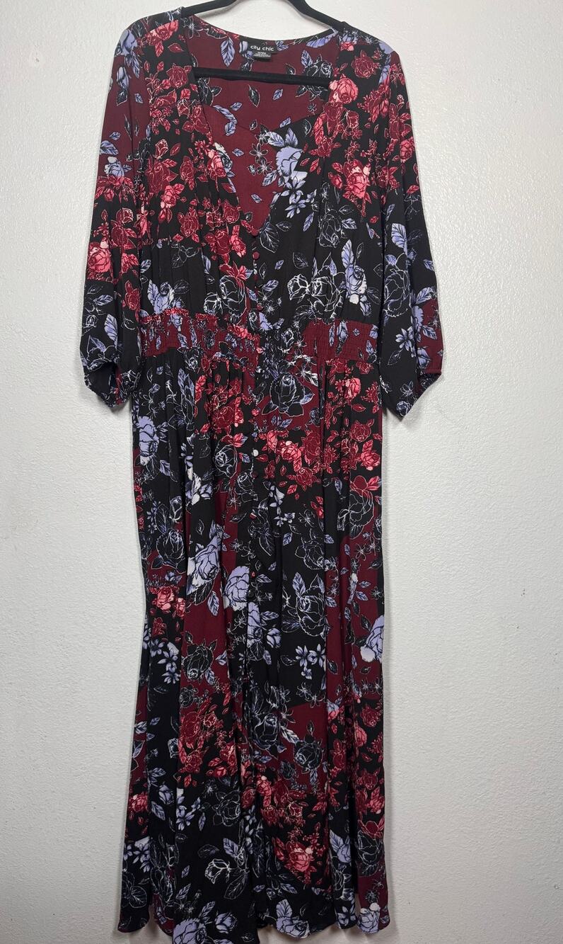 City Chic Maxi Dress Red Black Sz M/18W Smocked Floral